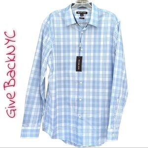 Michael Kors Long Sleeved Dress Shirt Plaid Steel Blue Size M